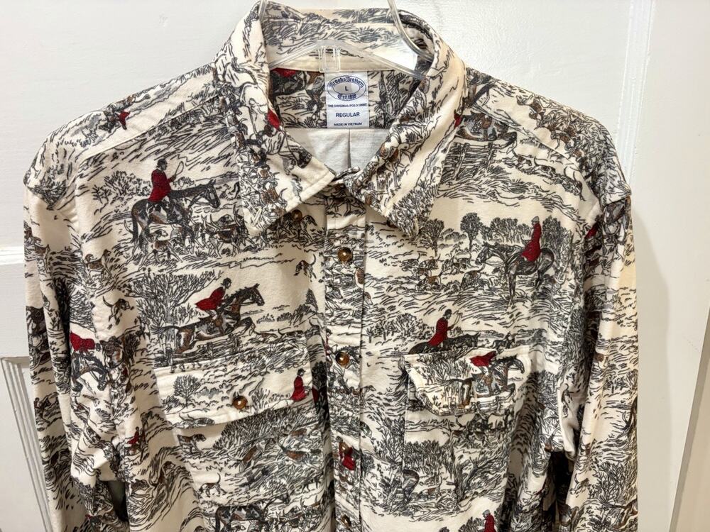 S-6 Brooks Bothers Chamois Cotton Shirt Mens Size Large L Equestrian Scene